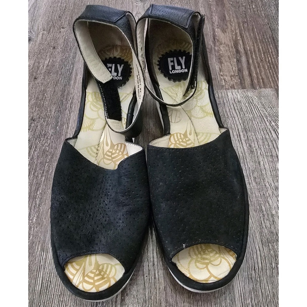 Fly London Black Suede White Wedge Heels Sz 40  9 US